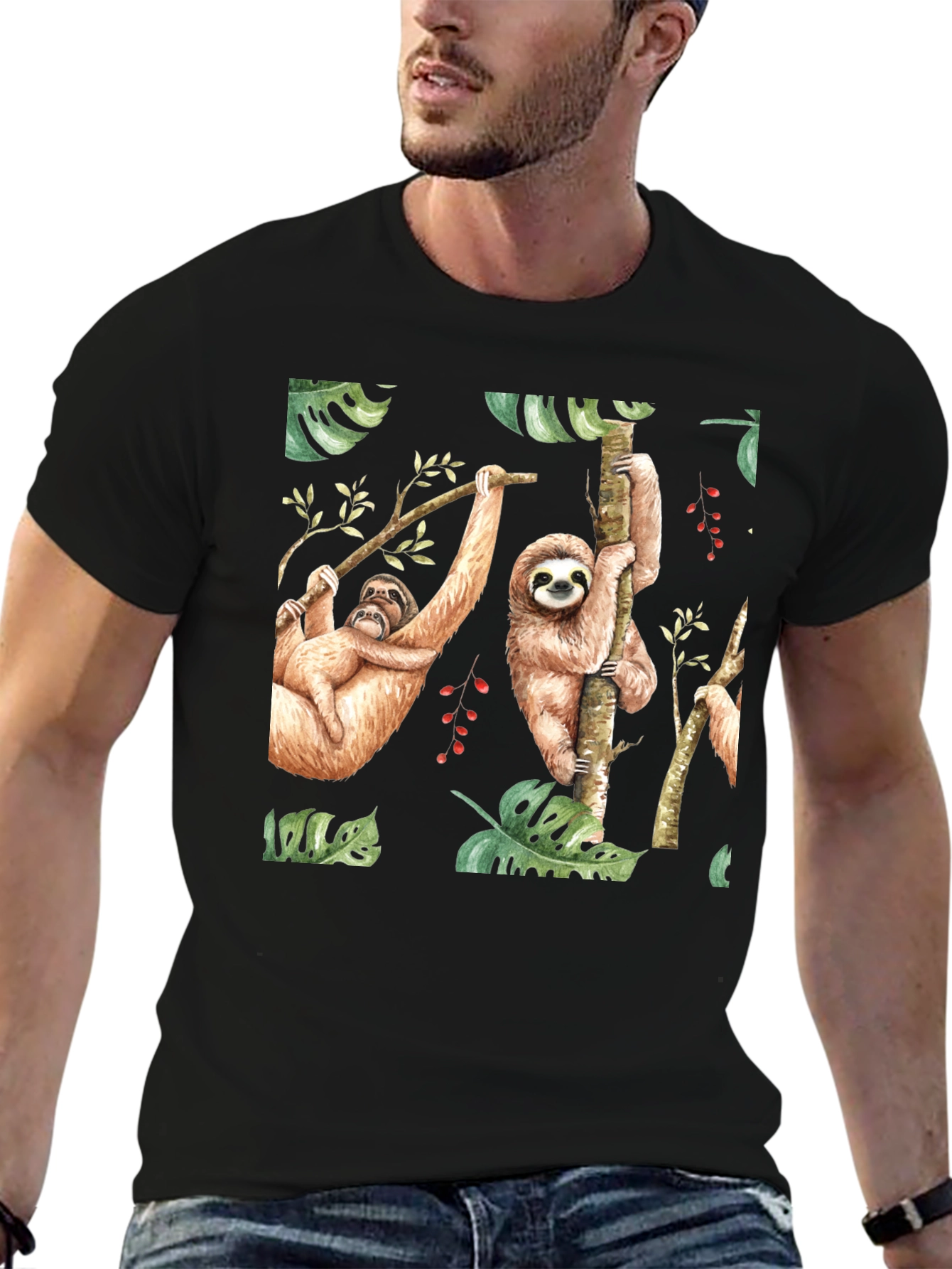 Cute Sloth Print Black T-Shirt