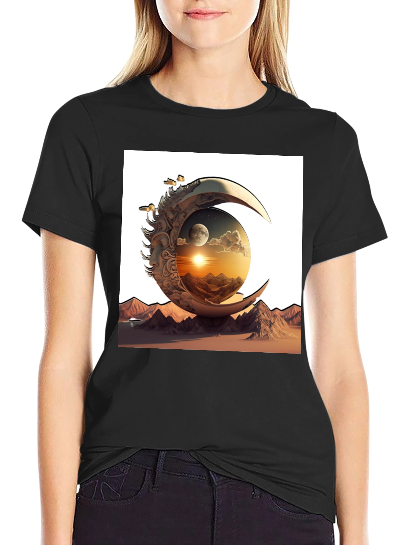 Celestial Moon & Mountain Graphic Tee - Black