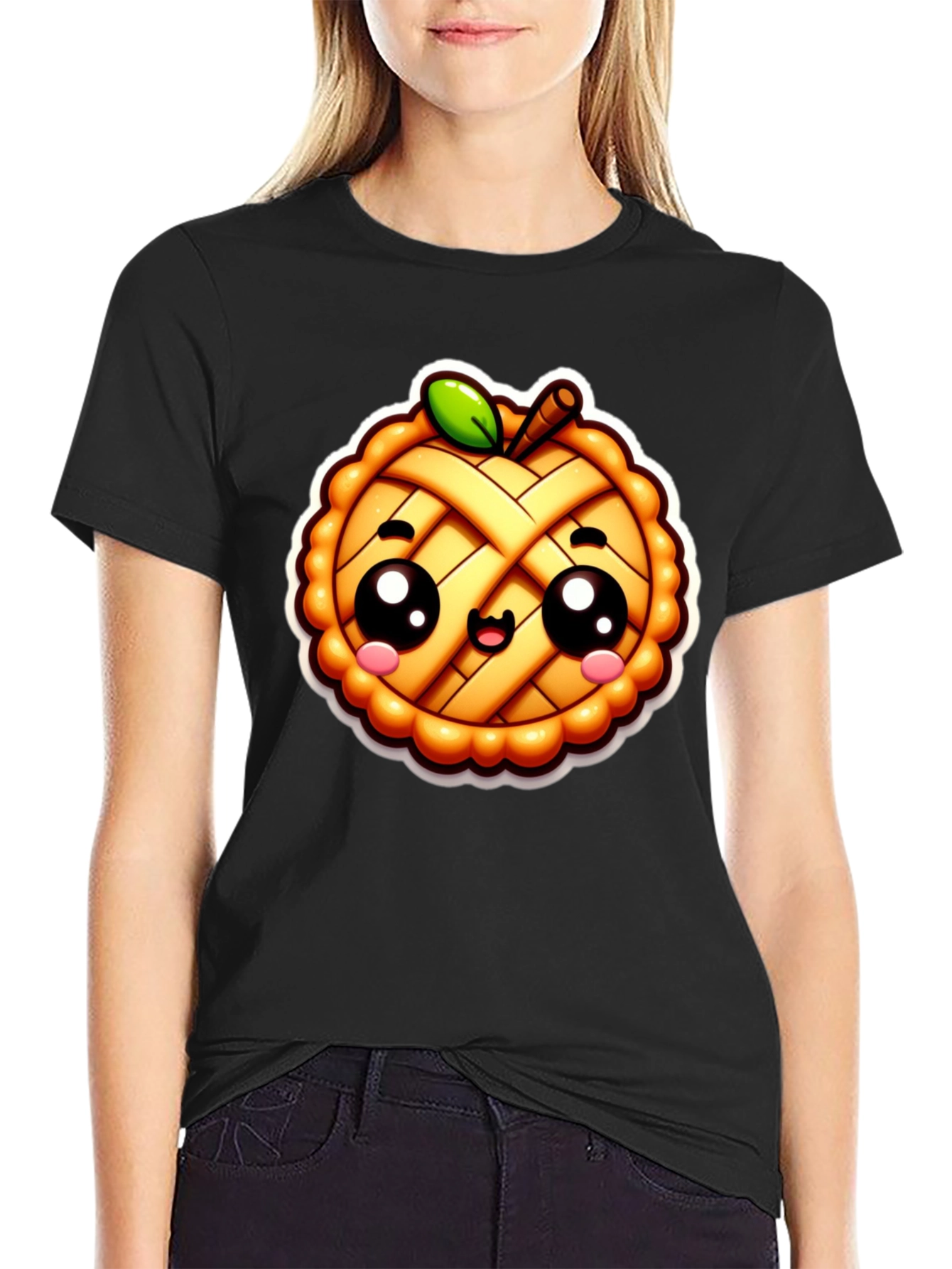 Cute Apple Pie Cartoon Black T-Shirt