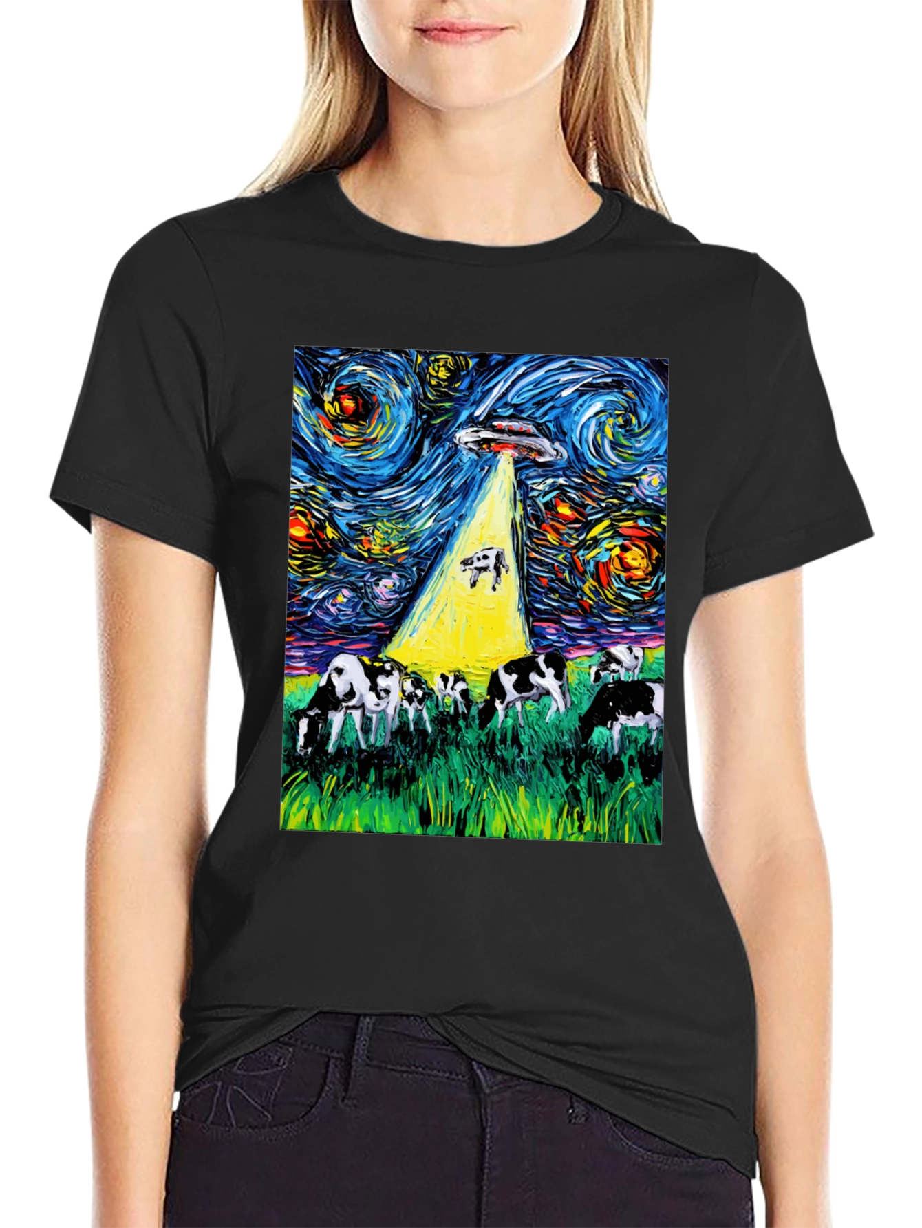 Starry Night Cow Abduction Graphic Tee