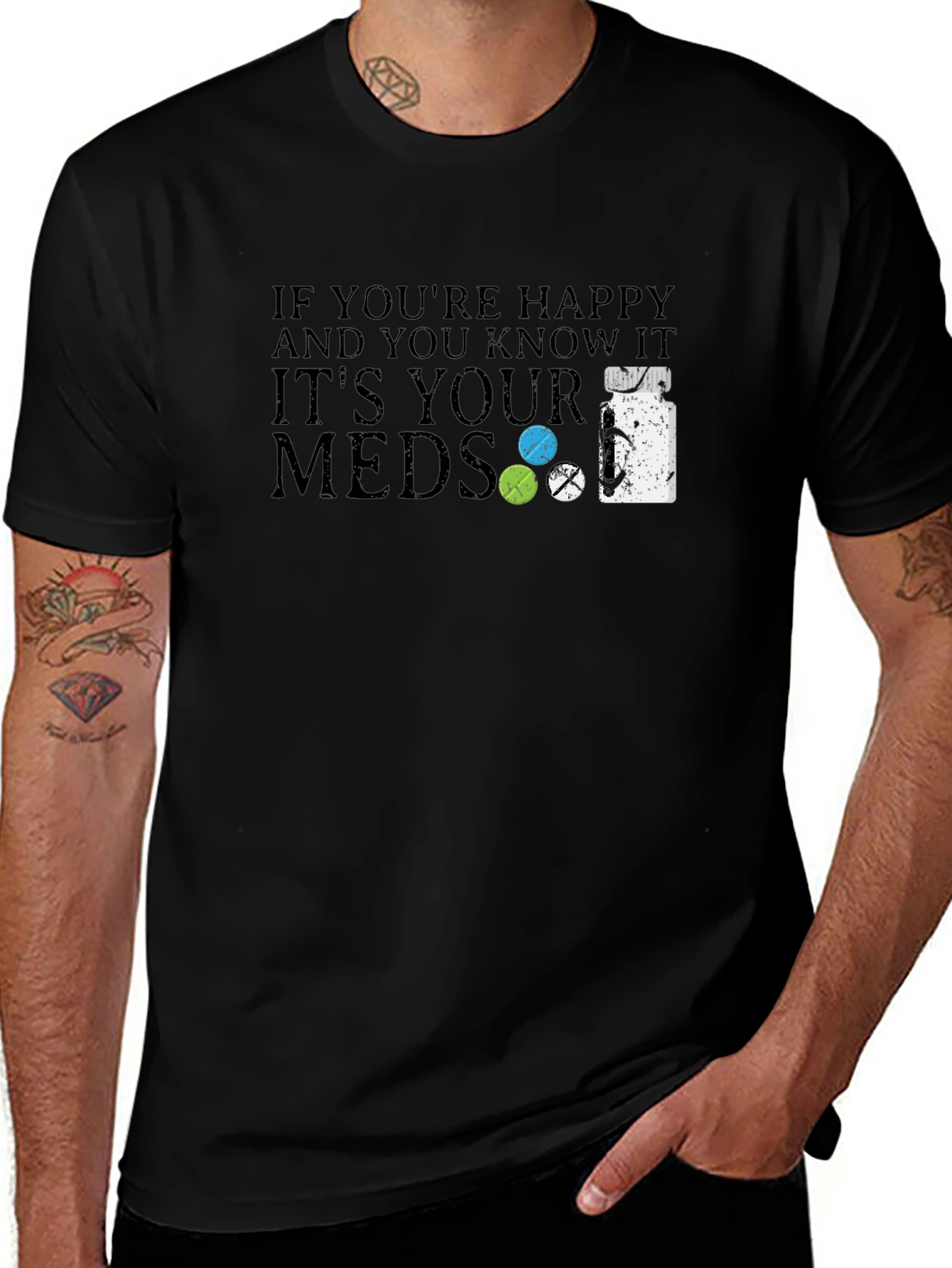 Happy Meds Graphic Tee - Black Cotton Blend T-Shirt