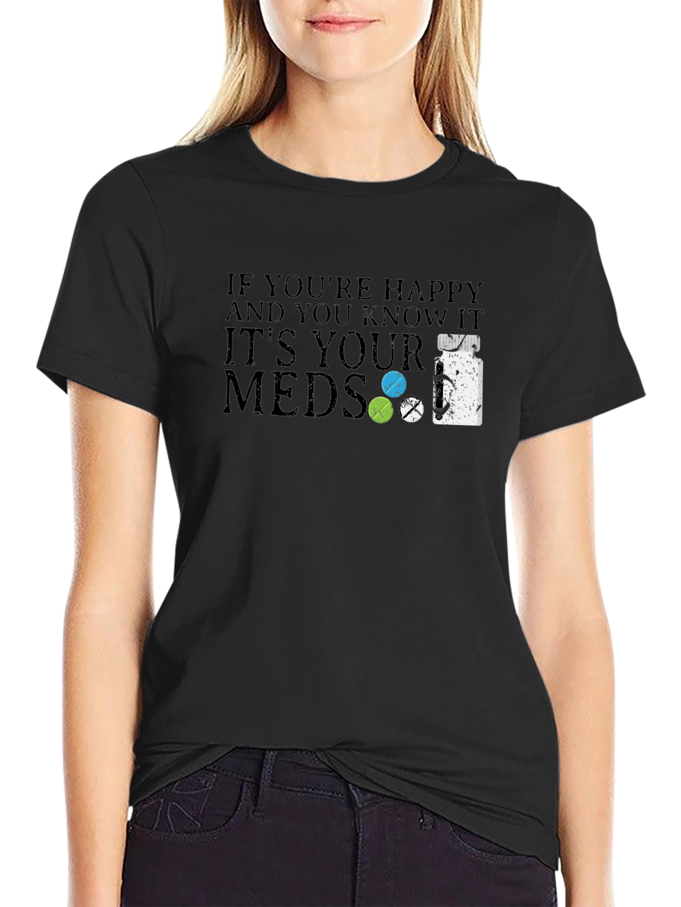 Happy Meds Graphic Tee - Black Cotton Blend T-Shirt