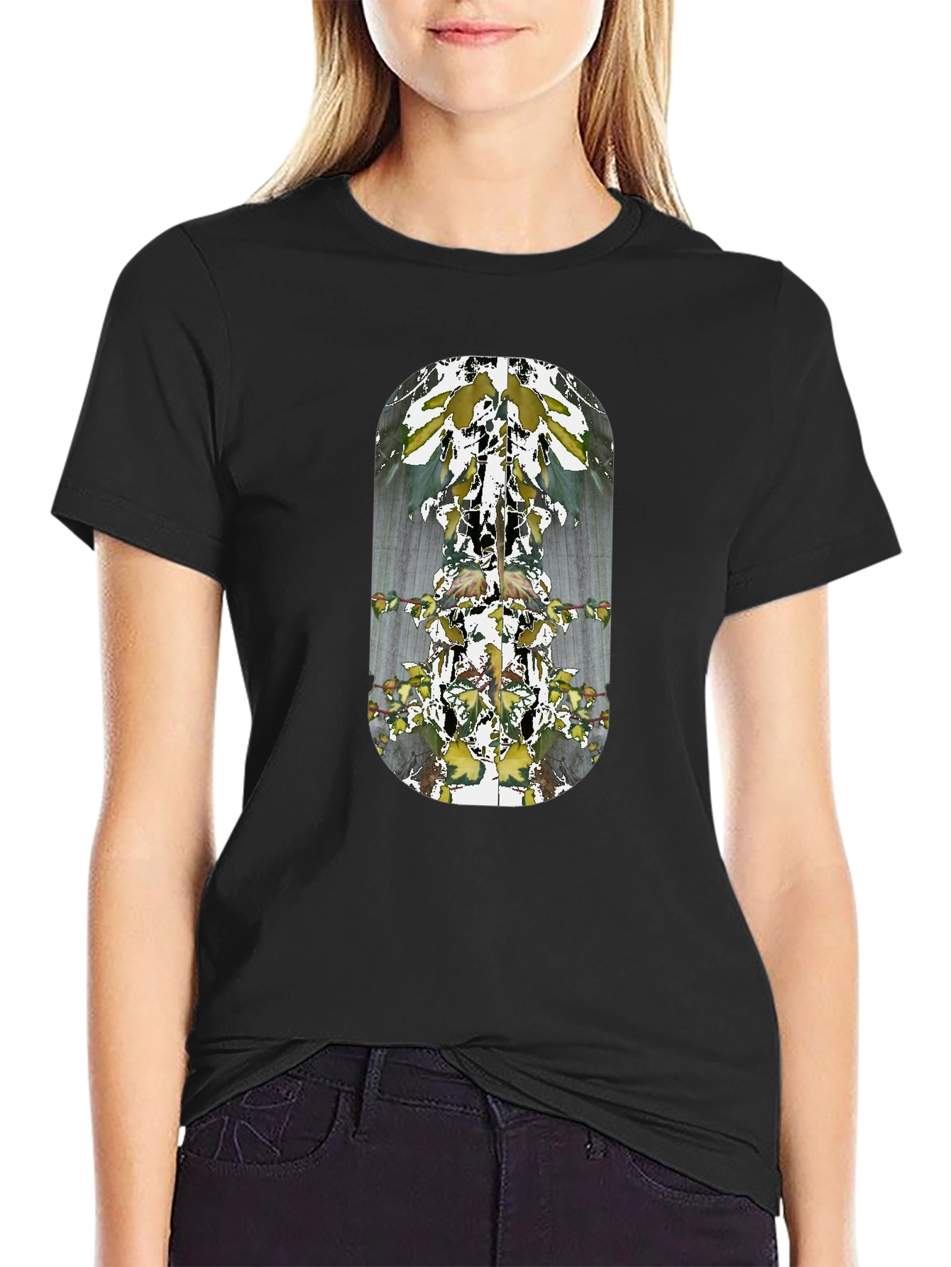 Abstract Botanical Print Black T-Shirt