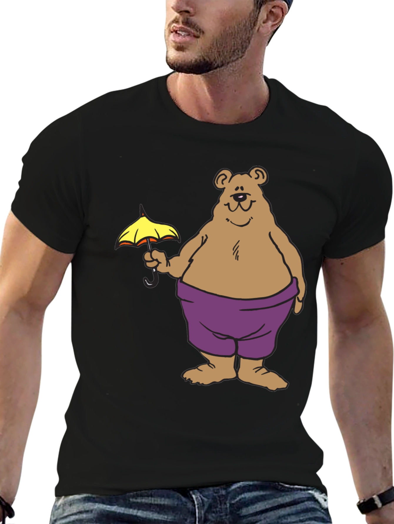 Bear with Umbrella Graphic Tee - Black Cotton T-Shirt