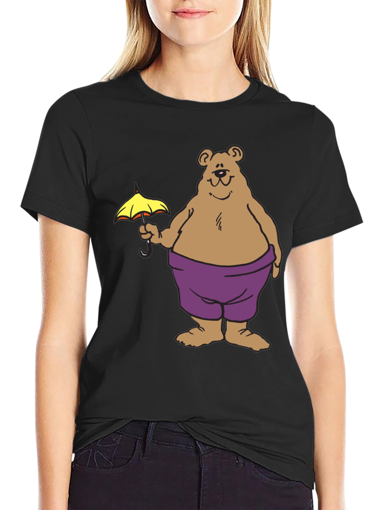 Bear with Umbrella Graphic Tee - Black Cotton T-Shirt
