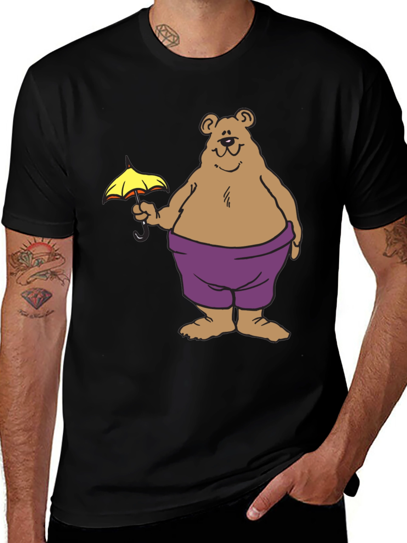 Bear with Umbrella Graphic Tee - Black Cotton T-Shirt