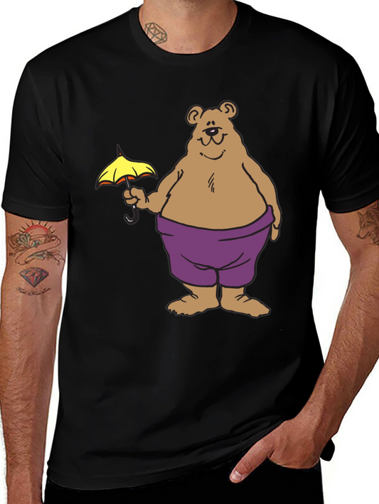 Bear with Umbrella Graphic Tee - Black Cotton T-Shirt