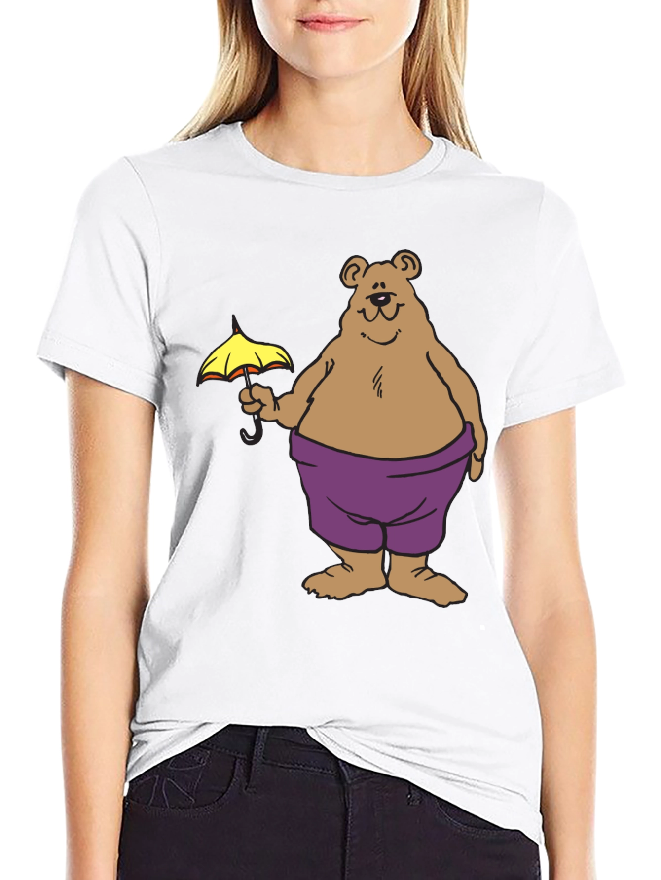 Bear with Umbrella Graphic Tee - Black Cotton T-Shirt