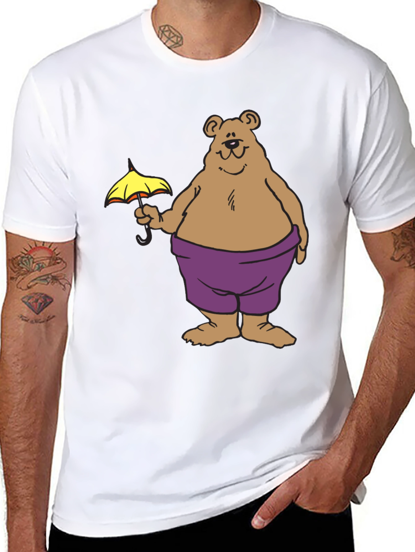Bear with Umbrella Graphic Tee - Black Cotton T-Shirt