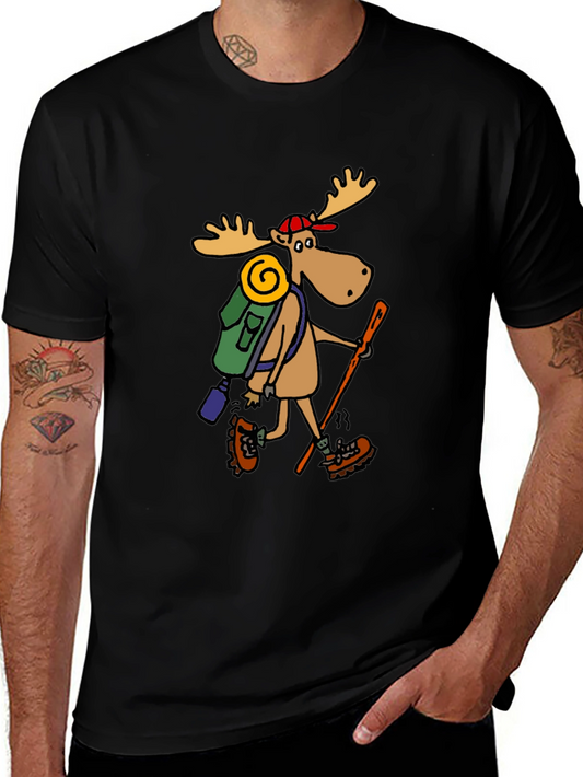 Hiking Moose Graphic Tee - Black Cotton T-Shirt