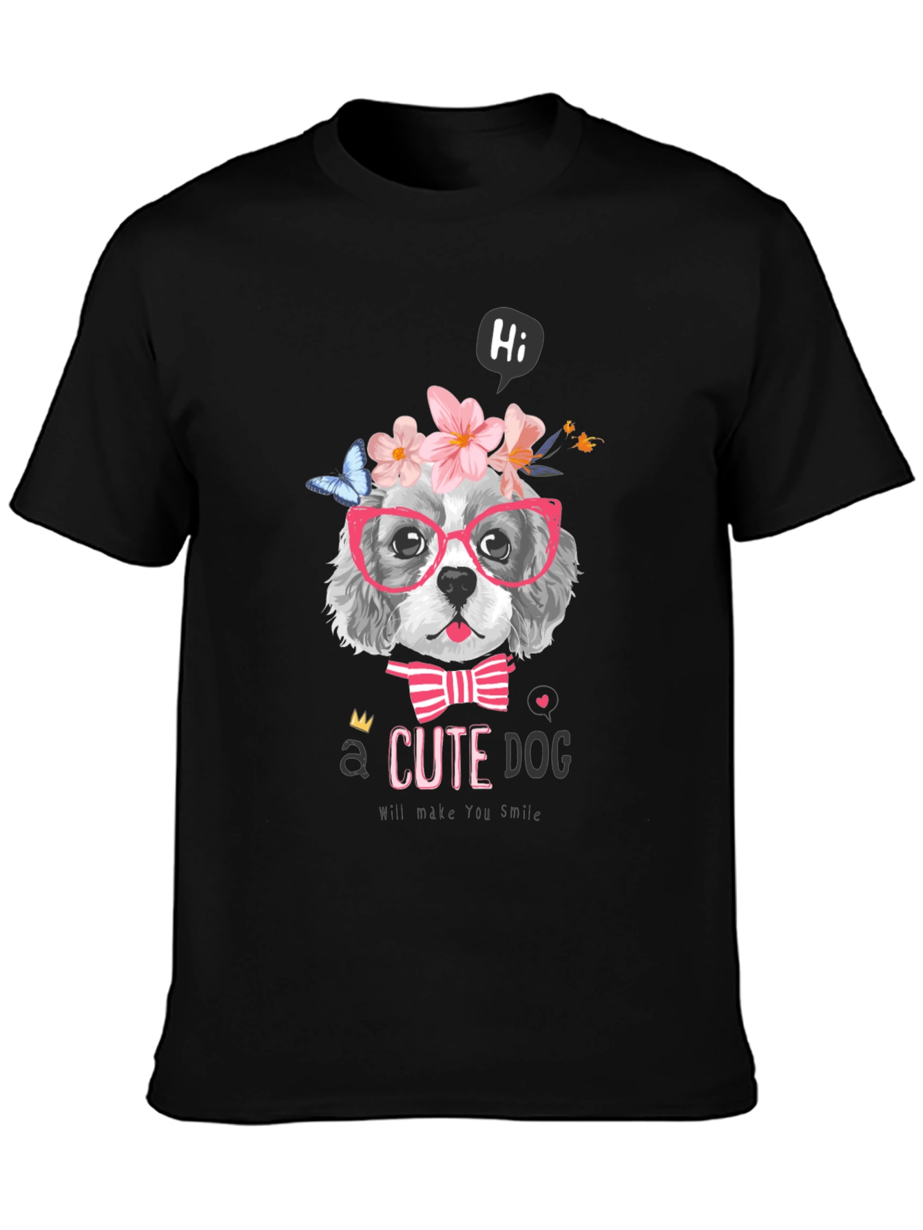 Cute Dog T-Shirt - Flower Crown & Glasses