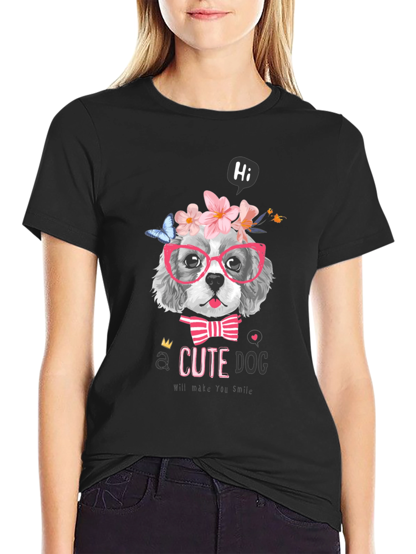Cute Dog T-Shirt - Flower Crown & Glasses