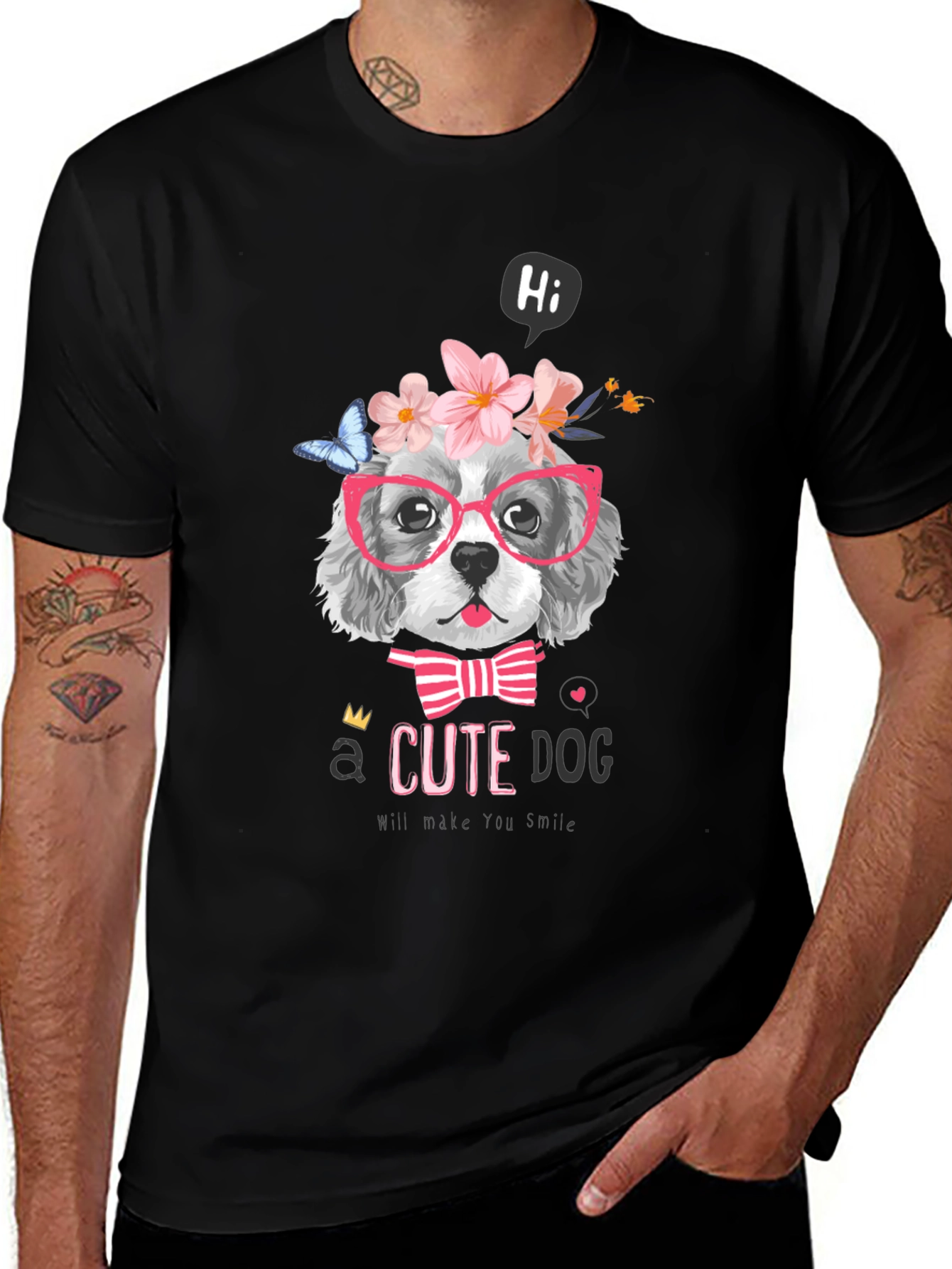 Cute Dog T-Shirt - Flower Crown & Glasses