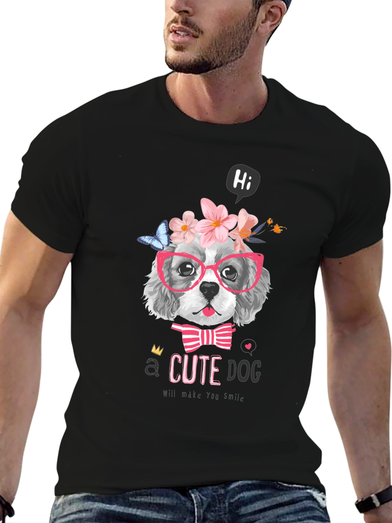 Cute Dog T-Shirt - Flower Crown & Glasses