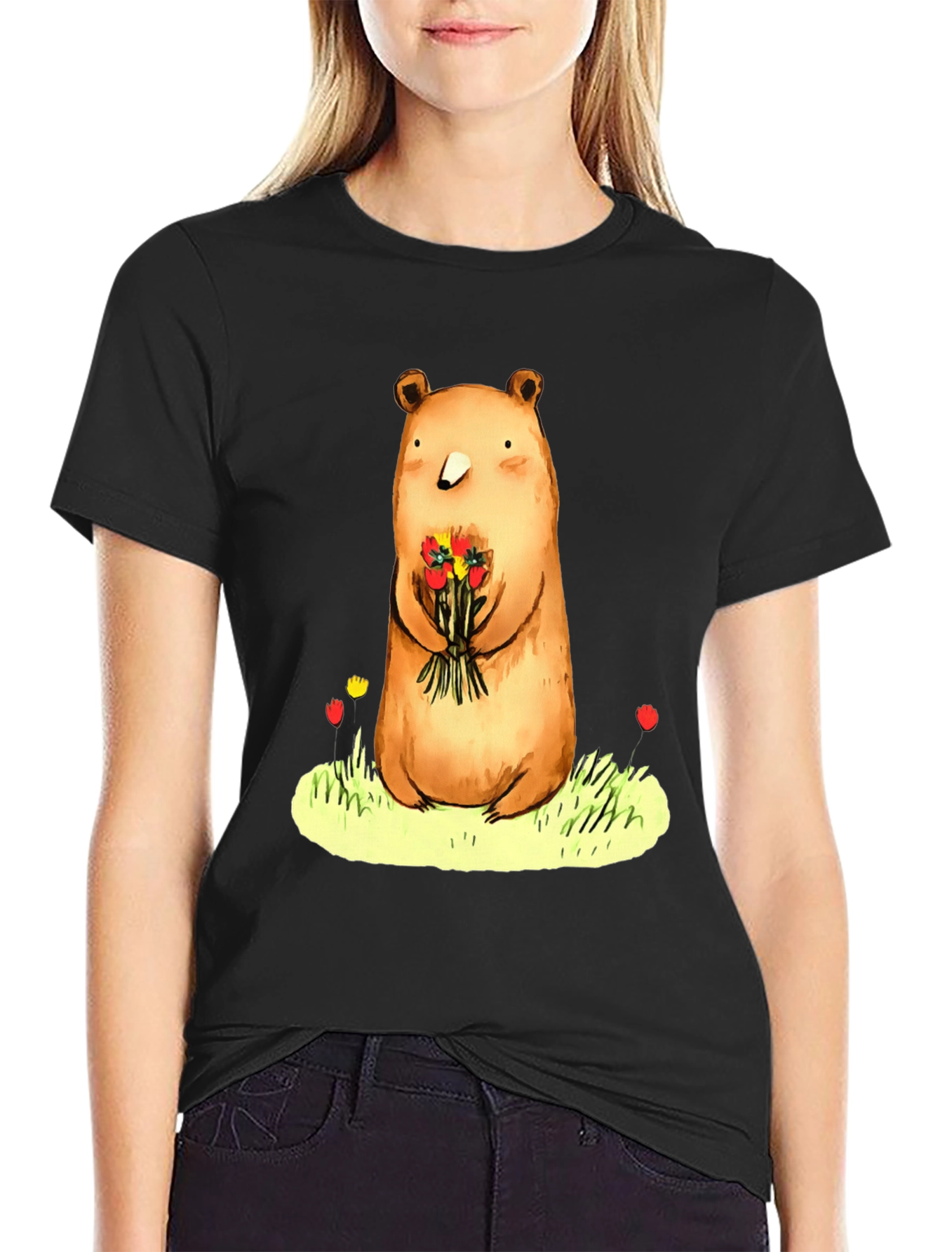 Bear with Flowers Graphic Tee - Soft Cotton Blend