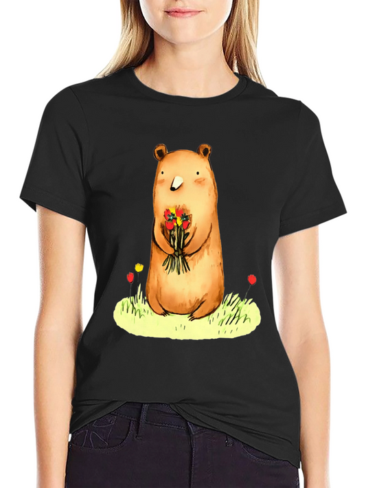 Bear with Flowers Graphic Tee - Soft Cotton Blend