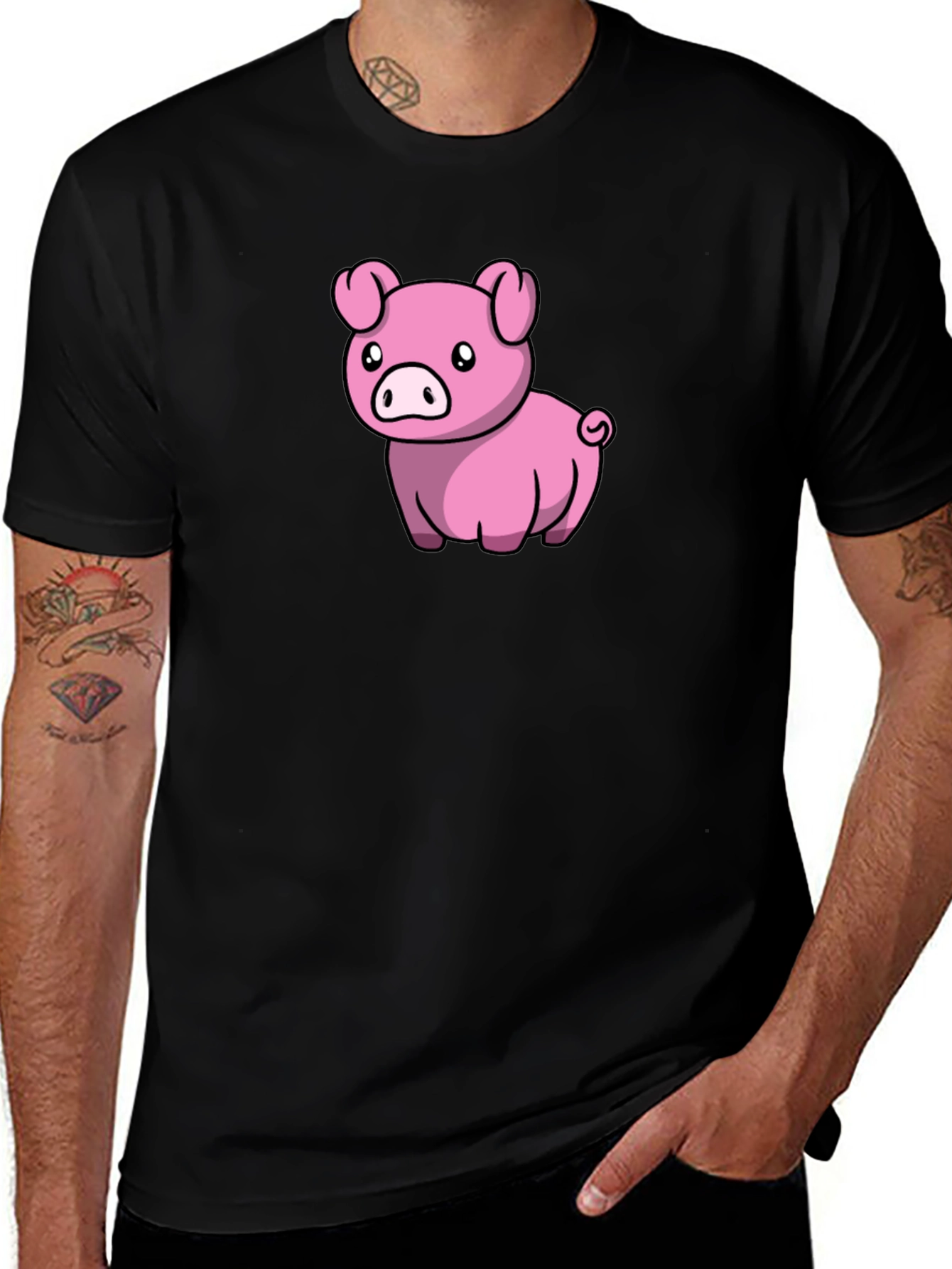 Cute Pig Cartoon Black T-Shirt