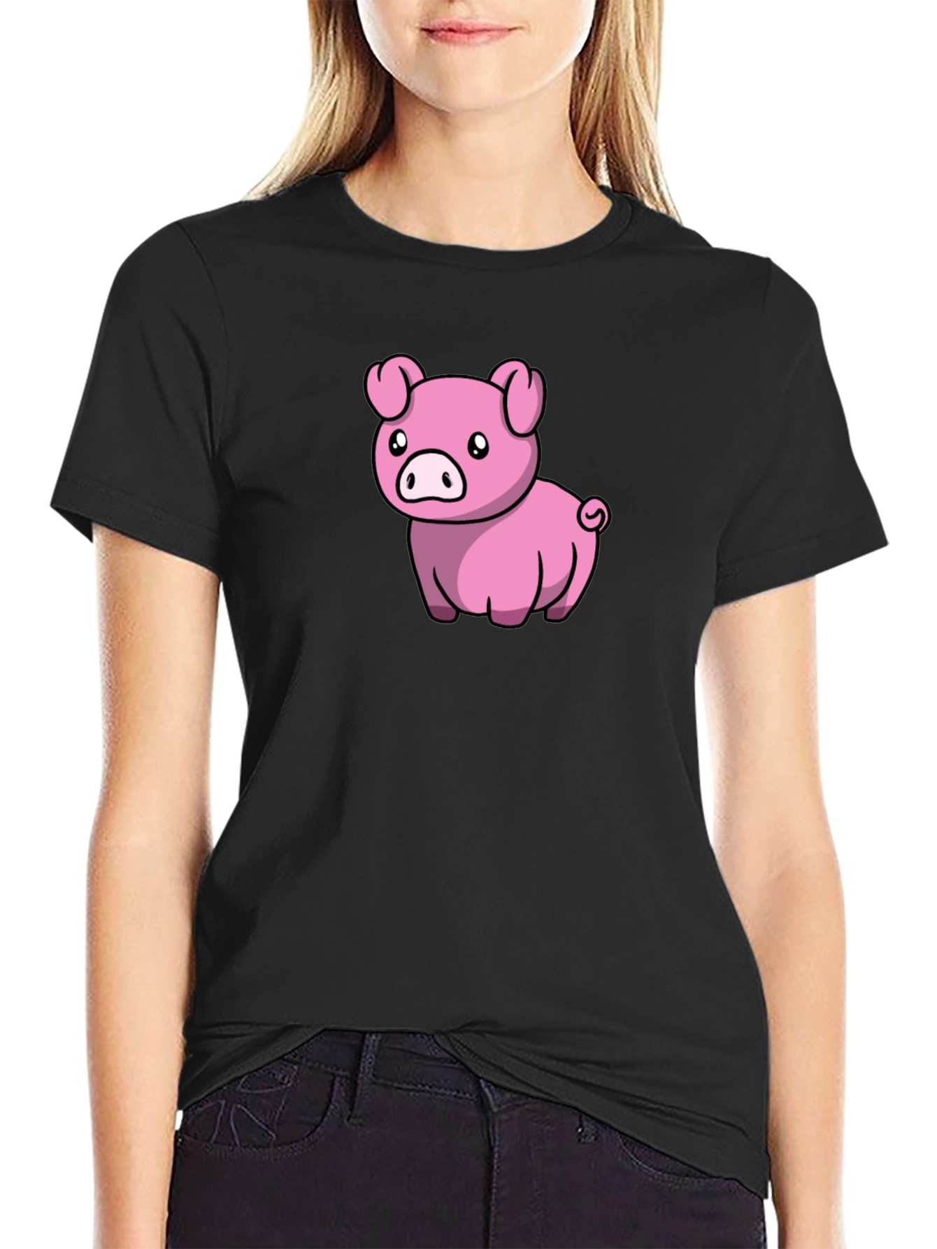 Cute Pig Cartoon Black T-Shirt