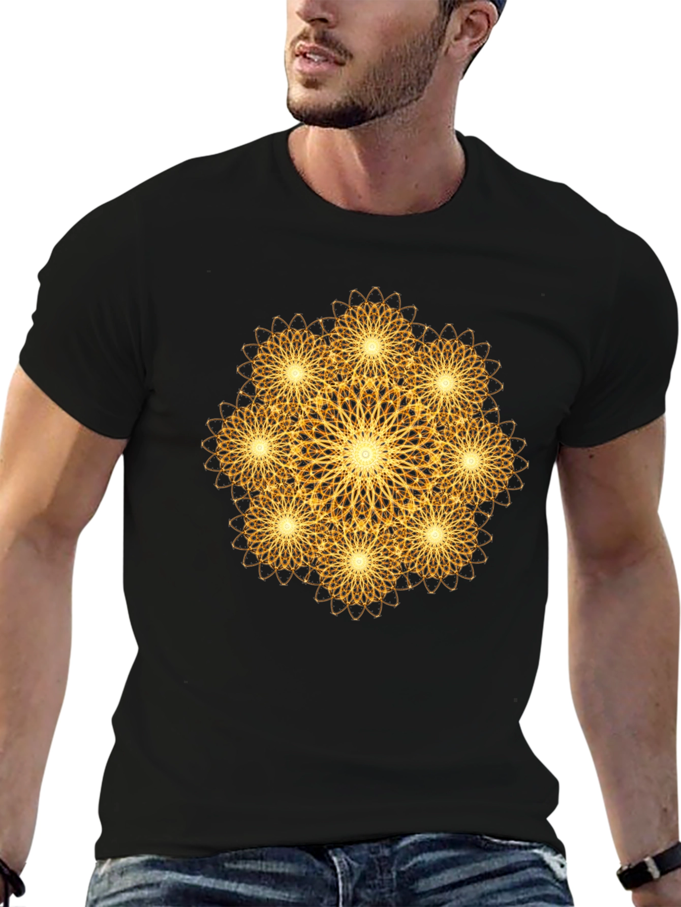 Golden Mandala Graphic Print Black T-Shirt