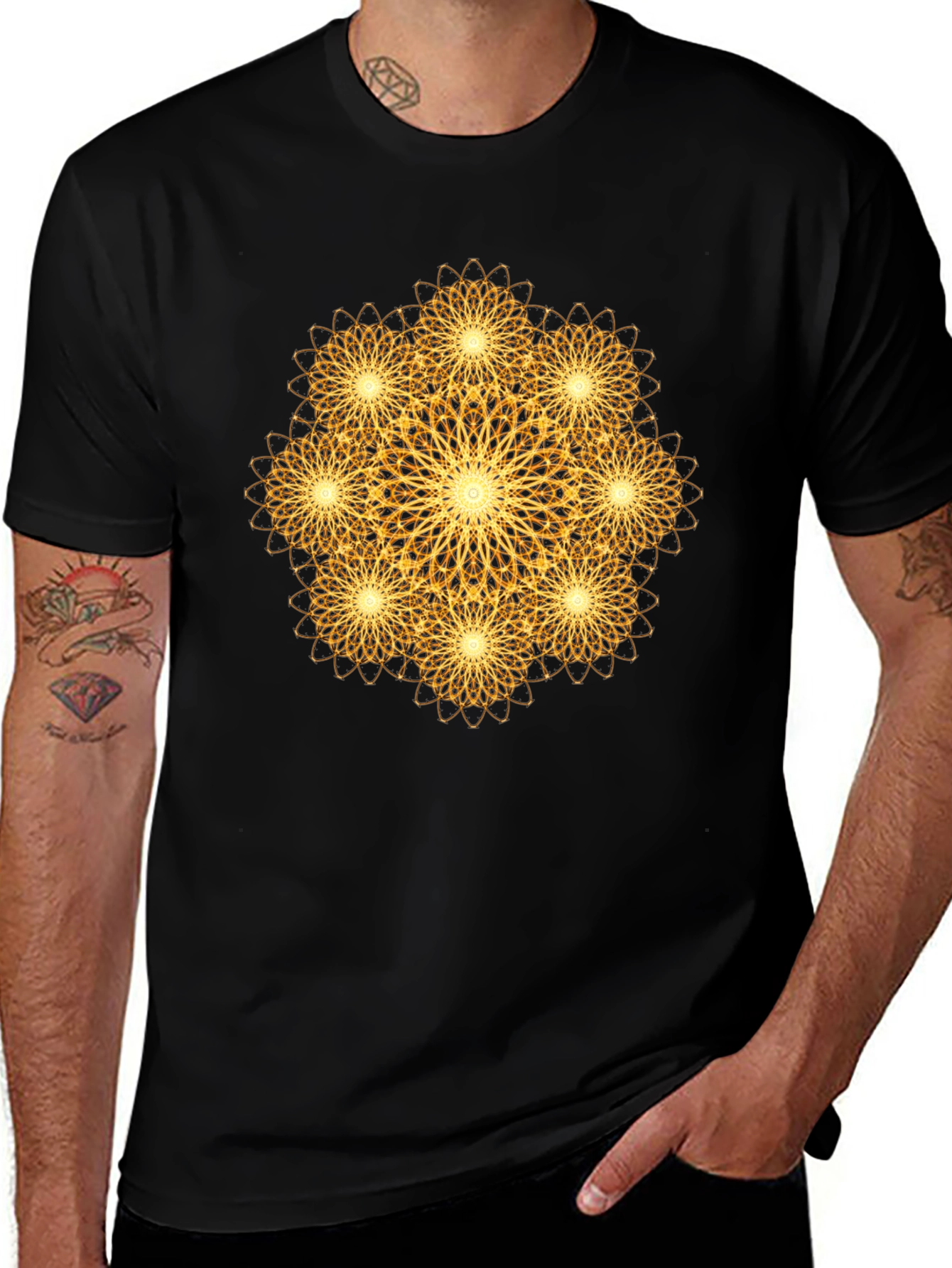Golden Mandala Graphic Print Black T-Shirt