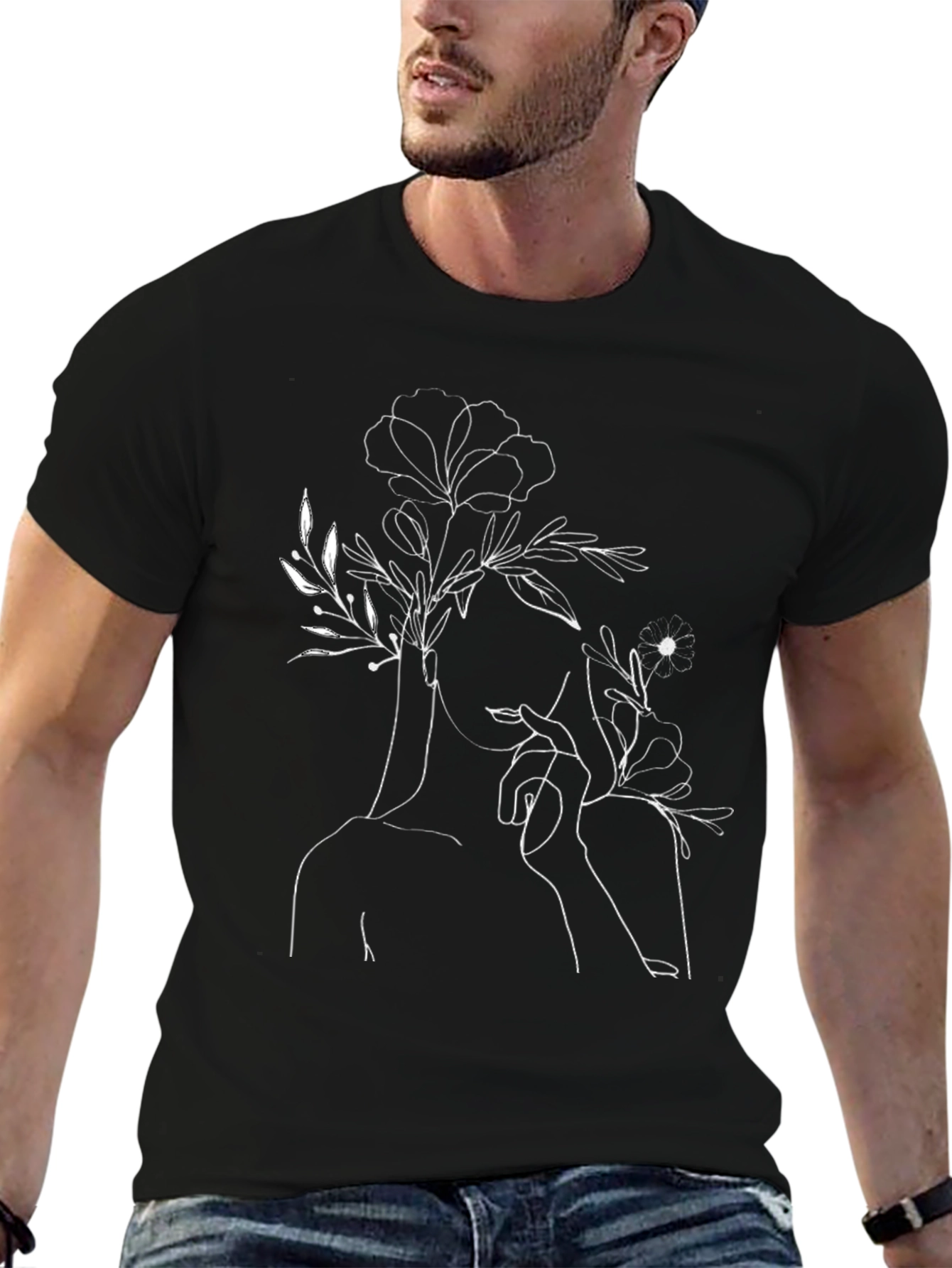 Floral Woman Graphic Tee - Black Cotton T-Shirt