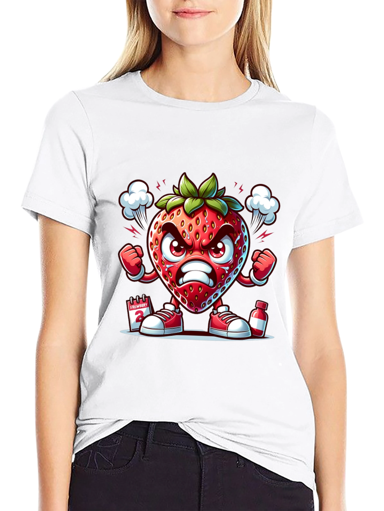 Angry Strawberry Cartoon Graphic T-Shirt