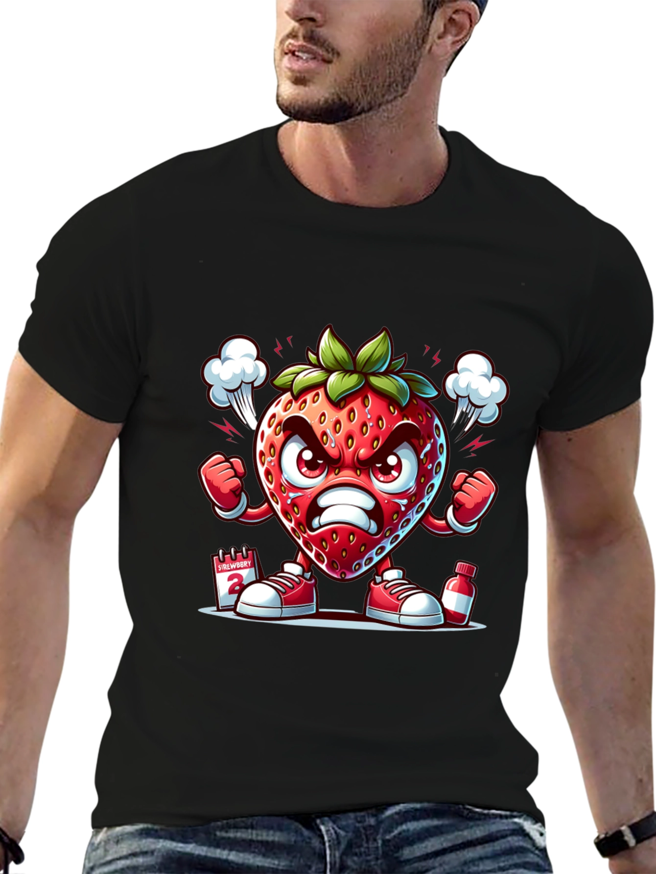 Angry Strawberry Cartoon Graphic T-Shirt