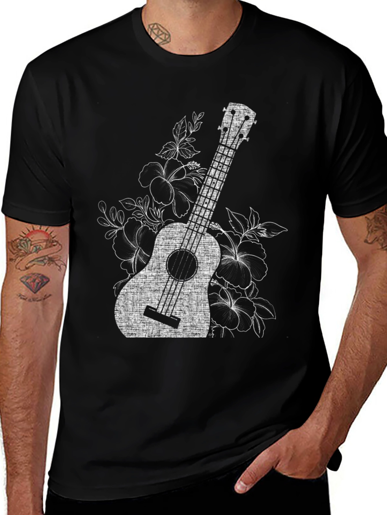 Ukulele Floral Graphic Tee - Black