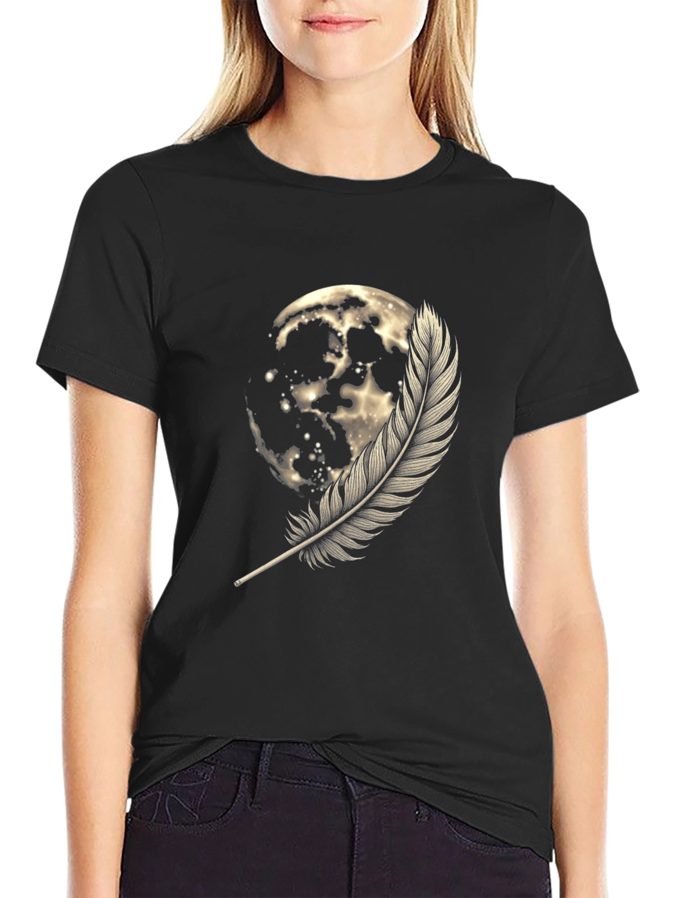 Moon & Feather Graphic Tee - Soft Cotton Blend