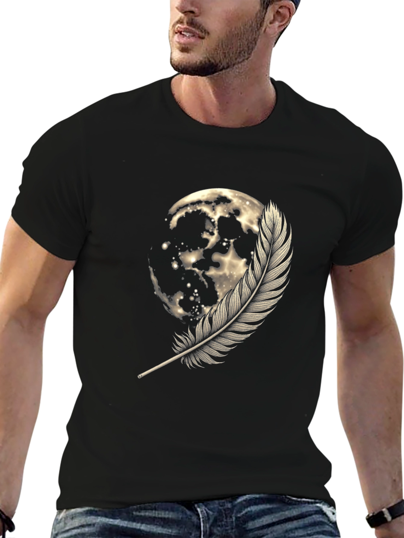 Moon & Feather Graphic Tee - Soft Cotton Blend