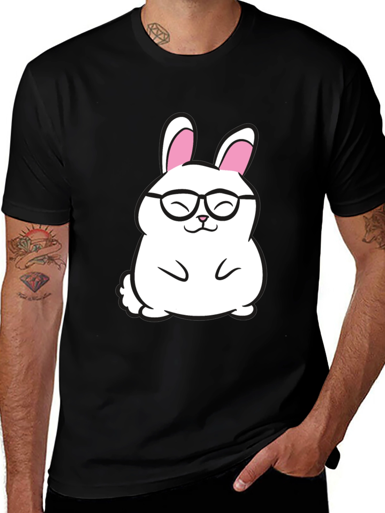 Cute Bunny in Glasses Graphic Tee - Black