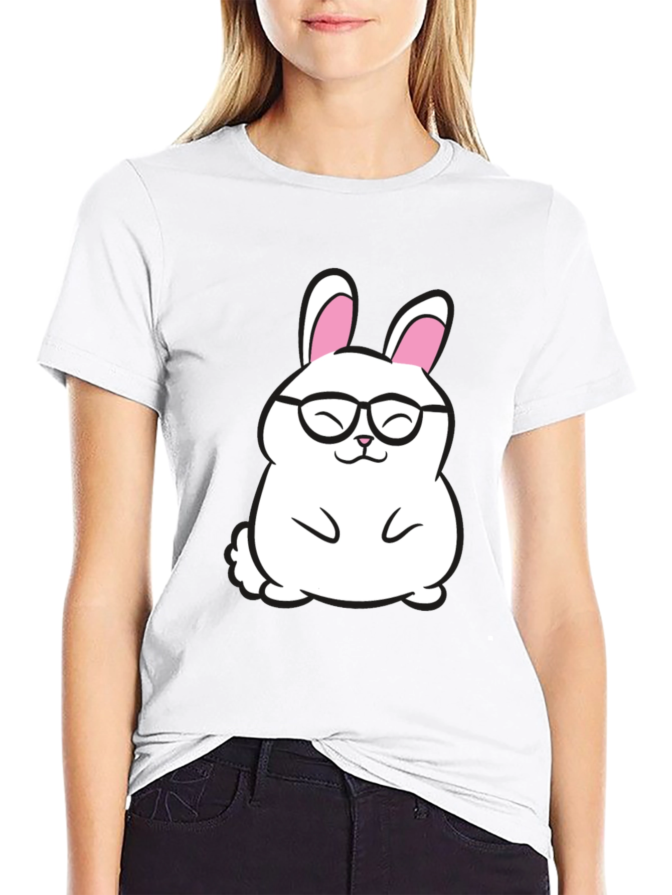 Cute Bunny in Glasses Graphic Tee - Black