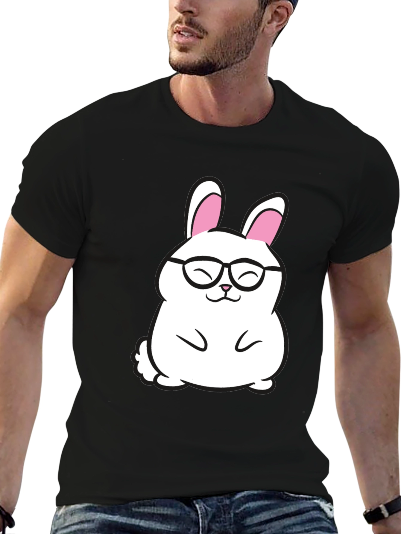 Cute Bunny in Glasses Graphic Tee - Black