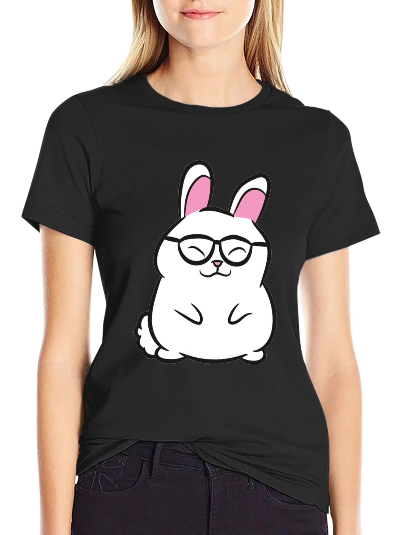 Cute Bunny in Glasses Graphic Tee - Black