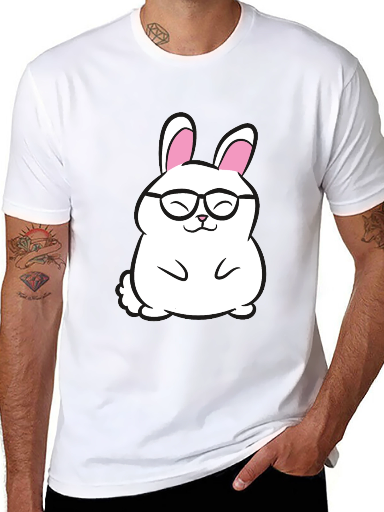 Cute Bunny in Glasses Graphic Tee - Black