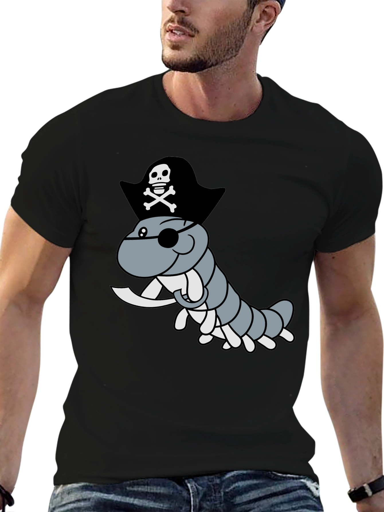 Pirate Worm Graphic T-Shirt - Mens Black Tee