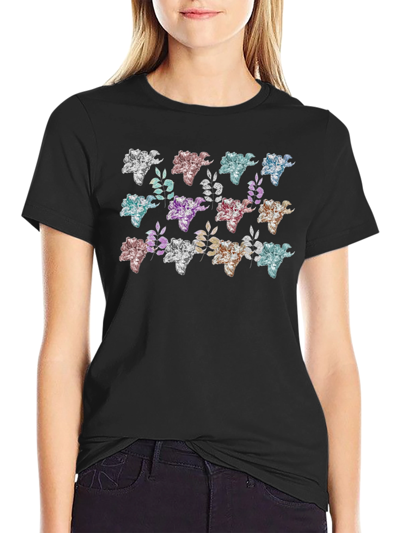 Floral Pattern Black T-Shirt