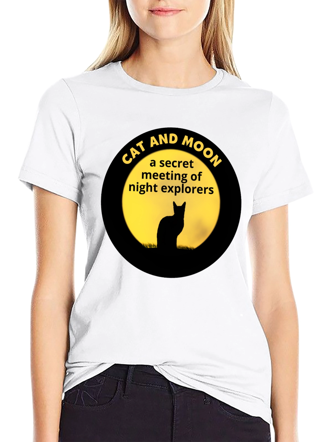 Cat and Moon Night Explorers Black T-Shirt