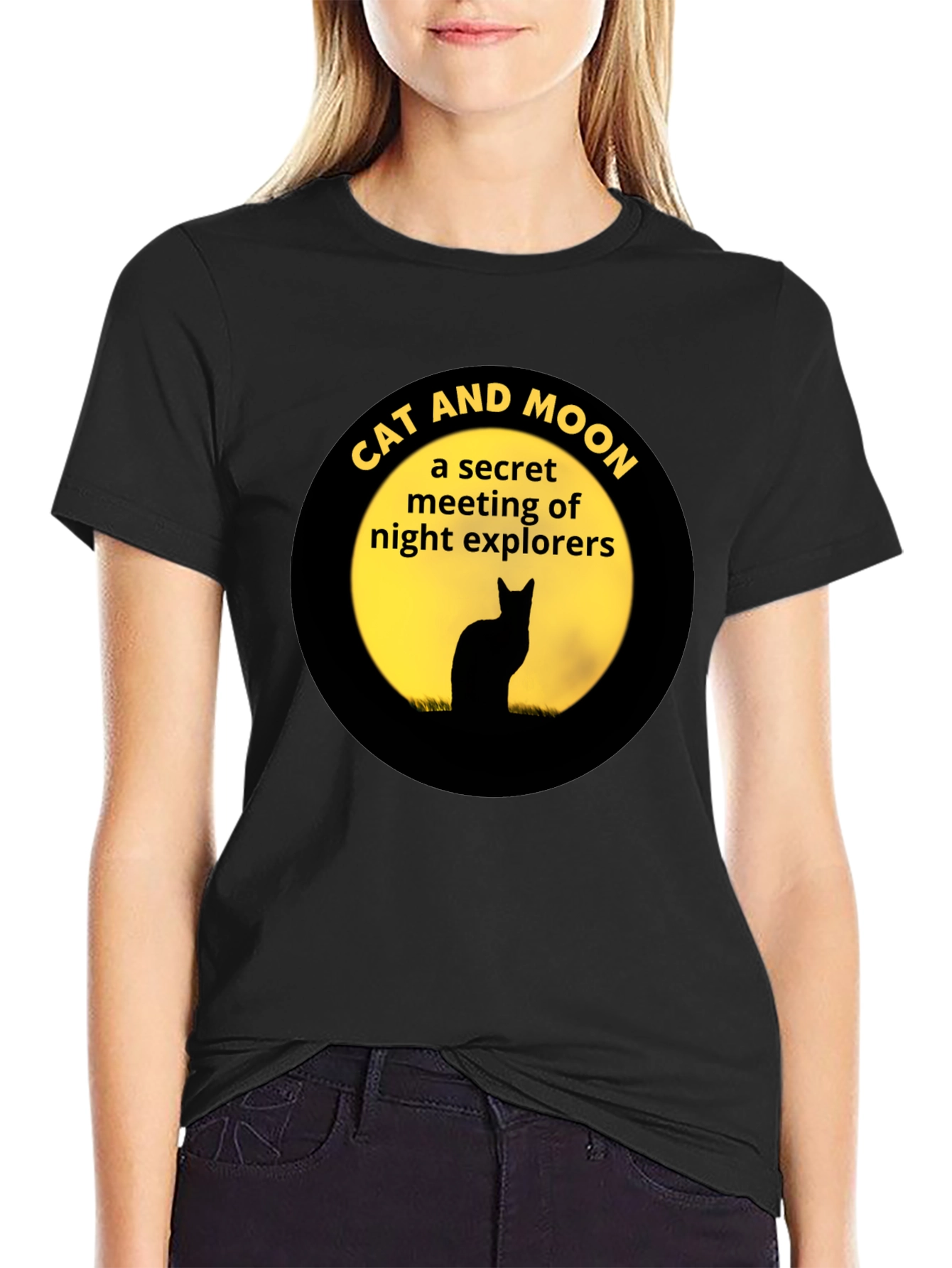Cat and Moon Night Explorers Black T-Shirt