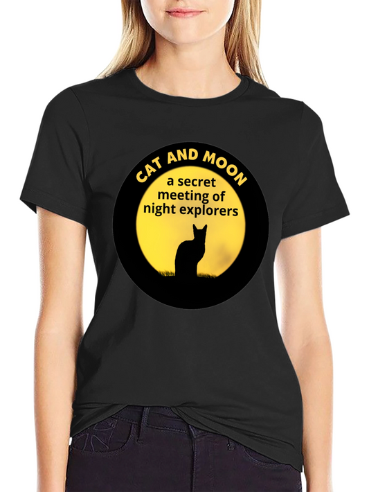 Cat and Moon Night Explorers Black T-Shirt