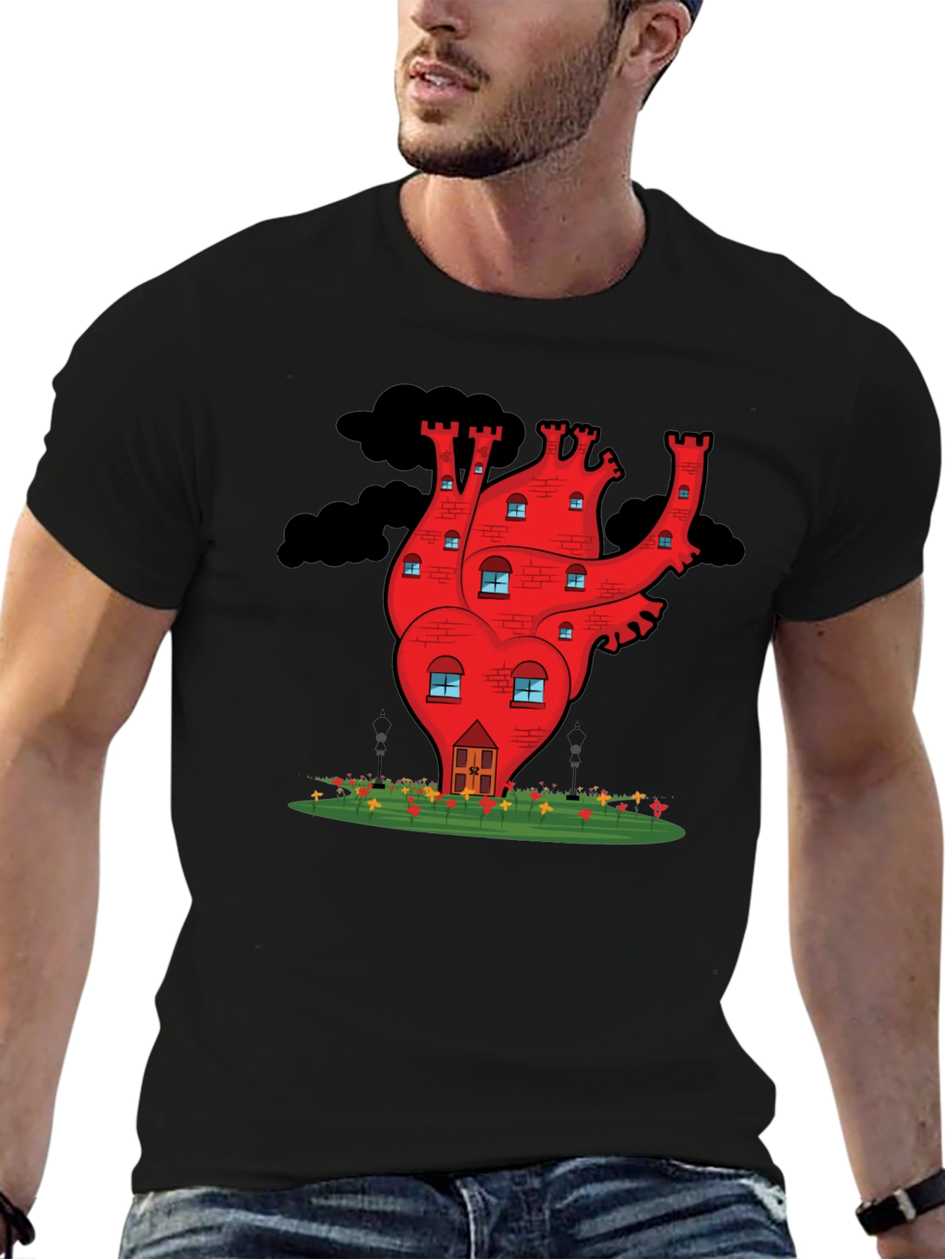 Heart Castle Graphic Tee - Quirky Black T-Shirt