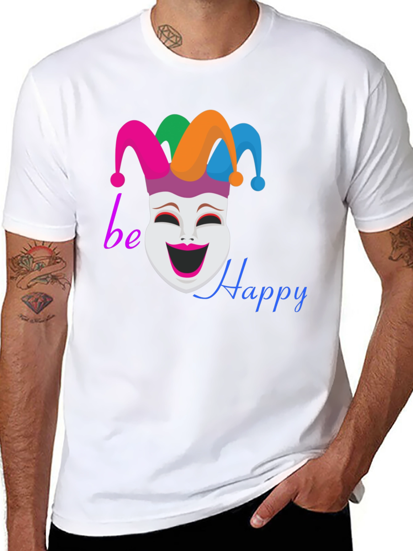 Be Happy Jester Mask Graphic T-Shirt