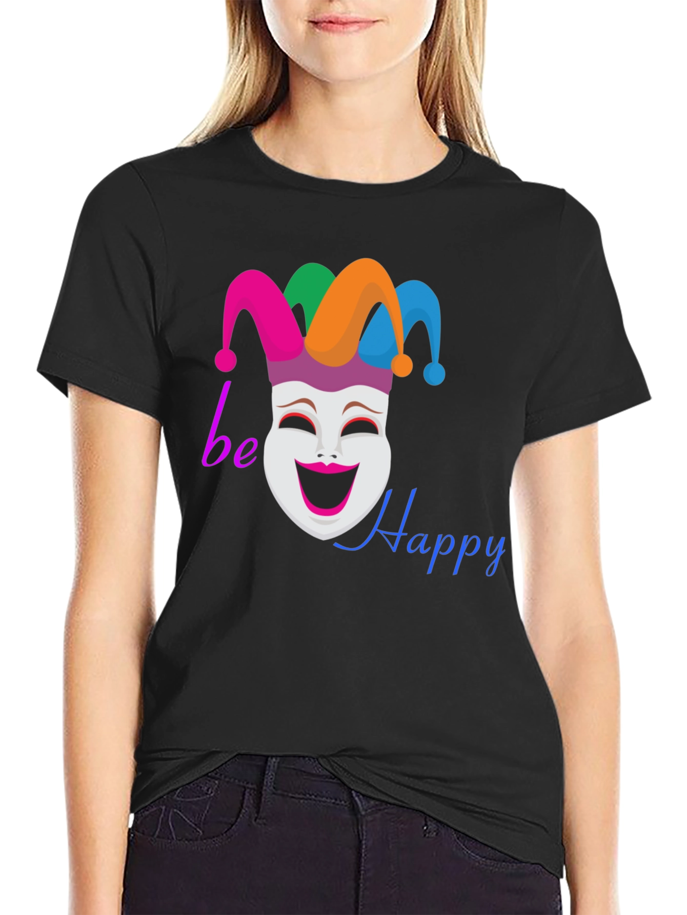 Be Happy Jester Mask Graphic T-Shirt
