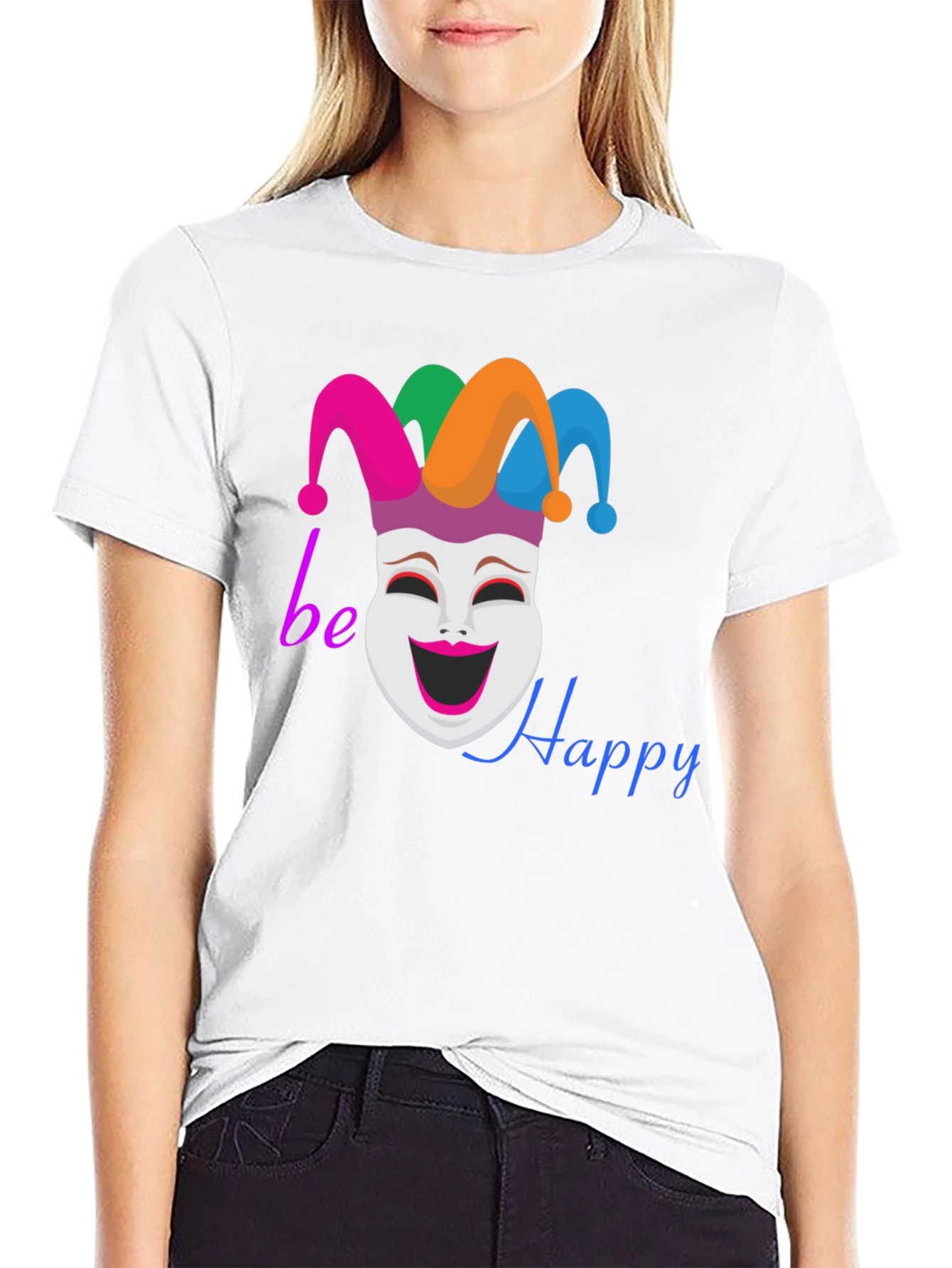 Be Happy Jester Mask Graphic T-Shirt