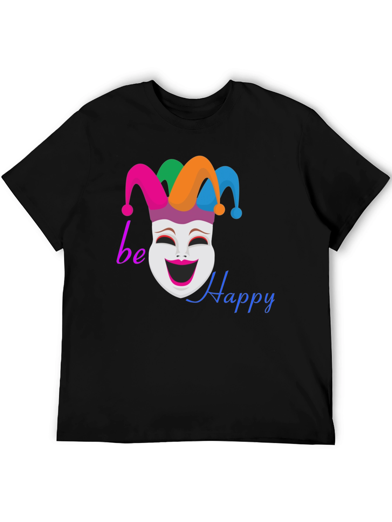 Be Happy Jester Mask Graphic T-Shirt