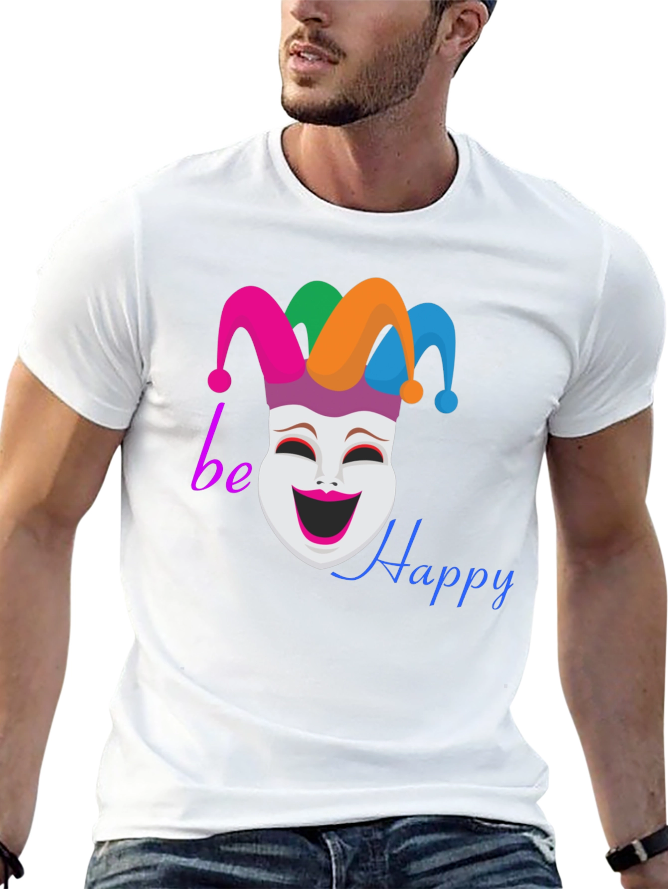 Be Happy Jester Mask Graphic T-Shirt