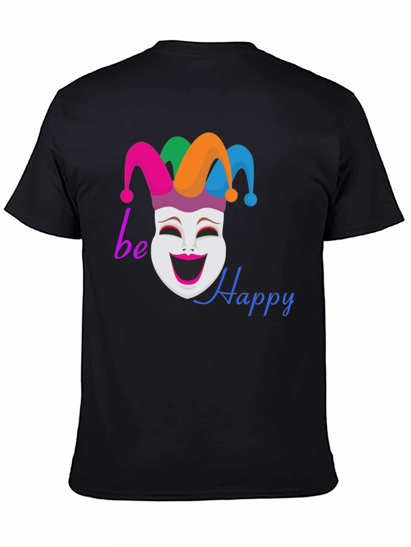 Be Happy Jester Mask Graphic T-Shirt