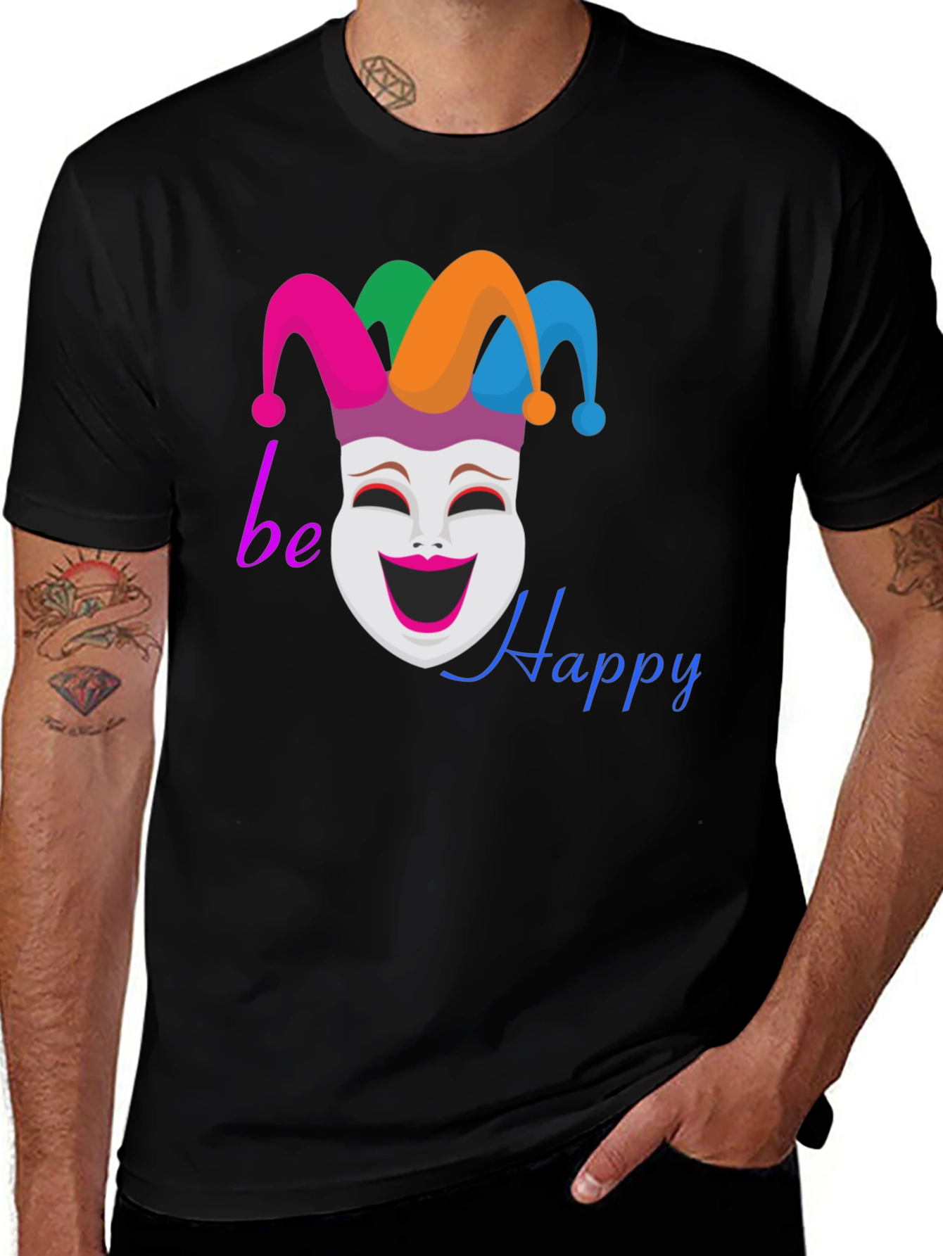 Be Happy Jester Mask Graphic T-Shirt