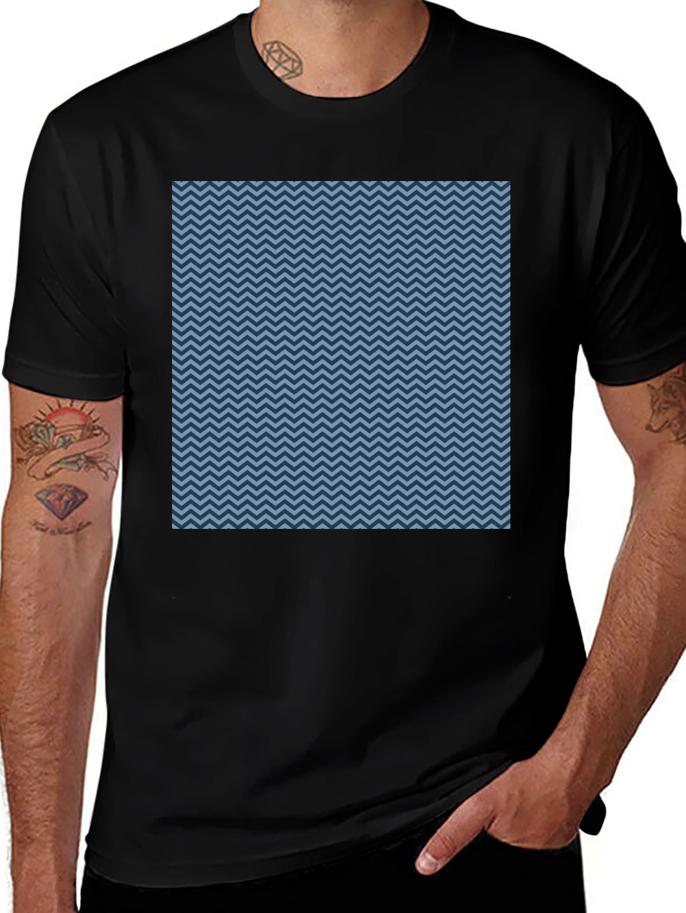 Blue Zigzag Pattern Black T-Shirt