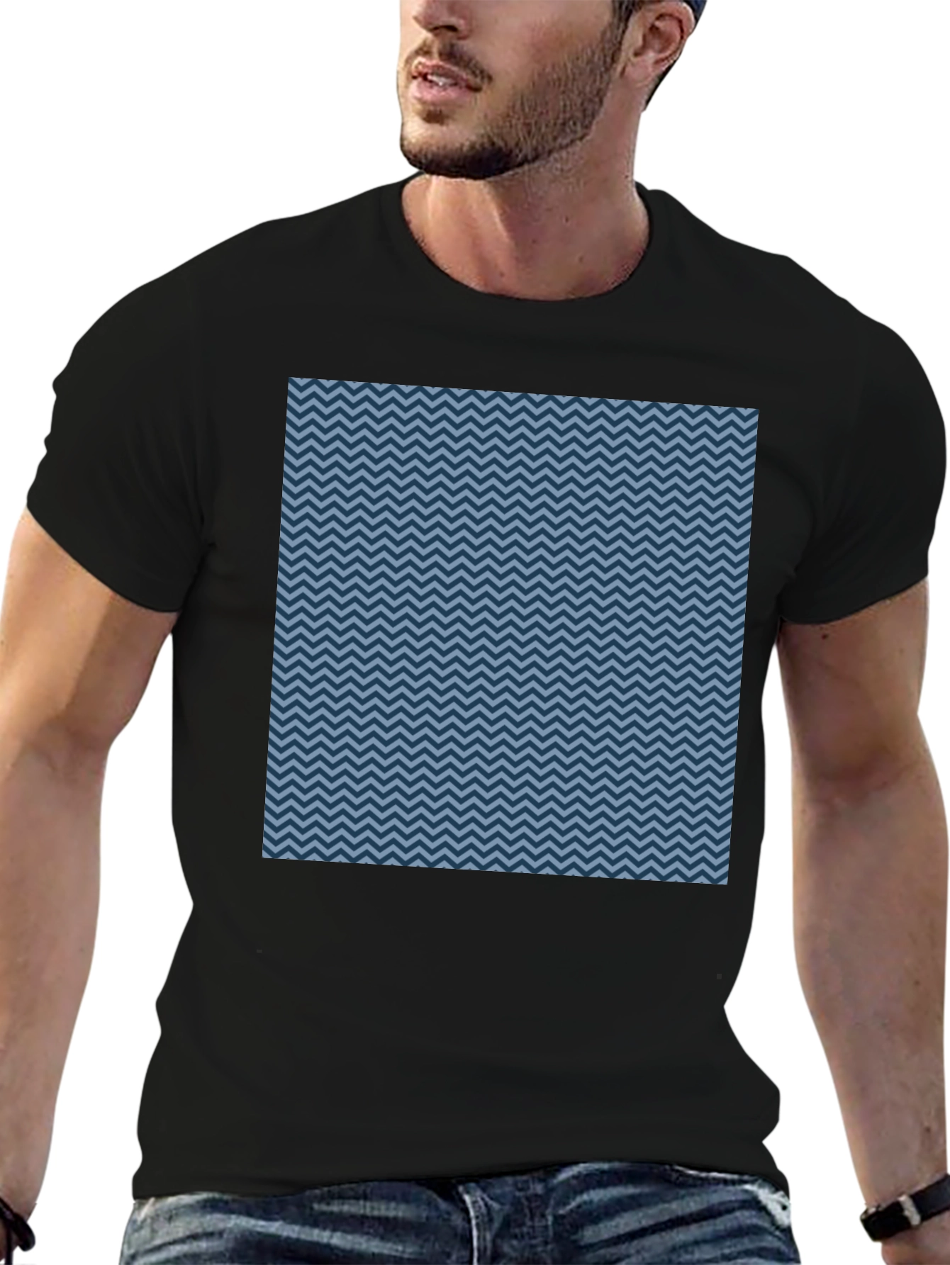 Blue Zigzag Pattern Black T-Shirt